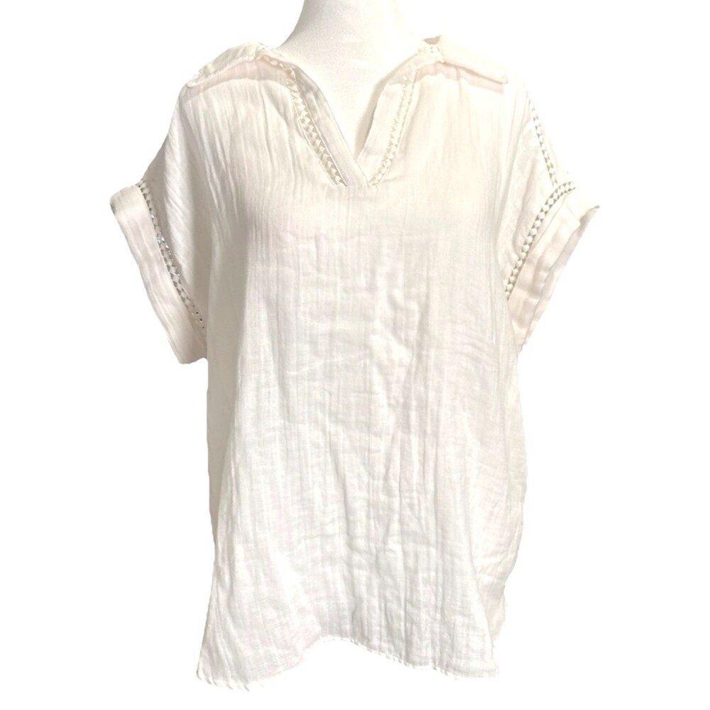 New Direction White Tunic Top Sz L 100% Cotton Embroidered Detail Boho Coastal